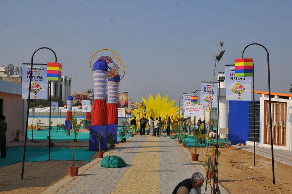 Preparation of International Kite Festival at Sabarmati River Front held every year in January