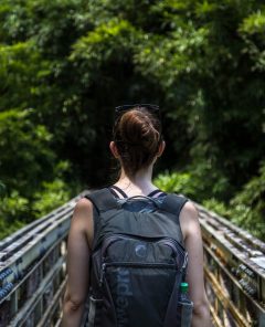 Menina fazendo um mochilão pelo o brasil andando em uma ponte, com uma mochila nas costas, em meio a floresta.