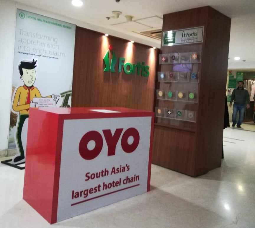 OYO desk at Fortis Hospital for helping people travelling for medical treatment. Now patients and their family members can book hotels right for our desks at hospitals.